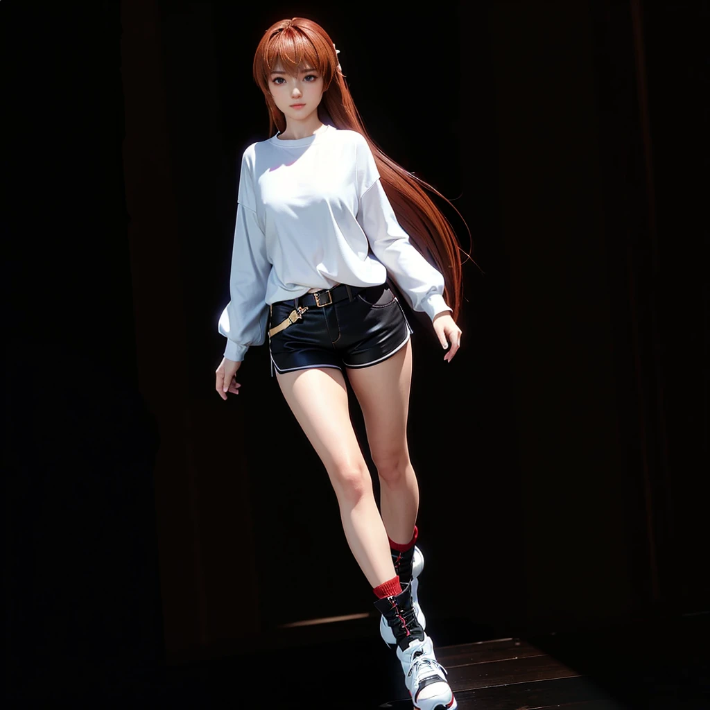 Kasumi, hair down, wearing a black fitted blouse with long sleeves, wearing red shorts, wearing brown ankle boots with white ankle socks