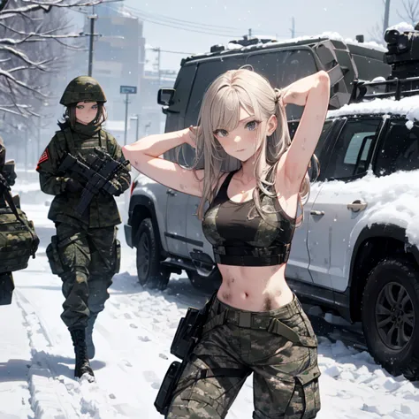 a group of  female soldiers, (in snow storm), various hair styles, tank top, harem, beautiful leg, midriff, camouflage military ...