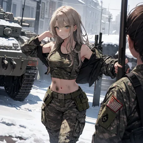 a group of  female soldiers, (in snow storm), various hair styles, tank top, harem, beautiful leg, midriff, camouflage military ...