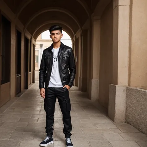 Boy, teenager, 17 years old, cabelos pretos, olhos, castanhos, black cargo pants, With the face of Igor Jansen Full body Photograph