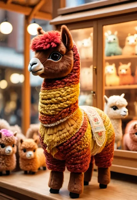 (best quality,4k,8k,highres,masterpiece:1.2),ultra-detailed, An Alpaca doll inside a box, product for sale, magical printed alpaca, in the window of a toy store,