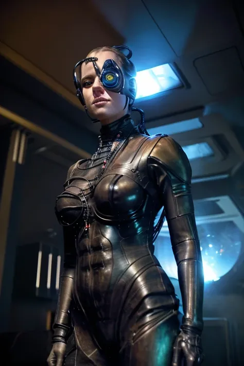 EMMA WATSON  woman wearing blue latex outfit uniform, missing her pants, sexy pose,  best quality, ultra-detailed, realistic:1.37, portraits, vibrant colors, dramatic lighting.veins popping out on her skin. She is being brainwashed into becoming a Borg, wi...