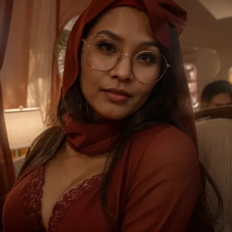 a close up of a woman wearing glasses and a red scarf, malaysian, with beautiful exotic, sie boob, gorgeous lady, 3 0 years old woman, 30 years old woman, lovely woman, 2 8 years old, 2 7 years old, cute woman, busty, 2 9 years old, hijab, large breast, be...