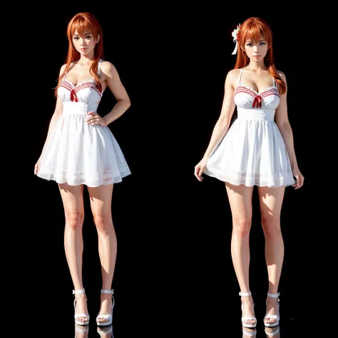 "Kasumi" hair down, wearing a short white dress with red lace