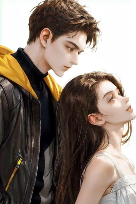 (masterpiece, best quality), 2others, couple, 1boy with 1girl, Height difference, different color, upper body, from side, profile, simple background, white background, extremely detailed eyes. Girl have a brown hair and boy have a black hair