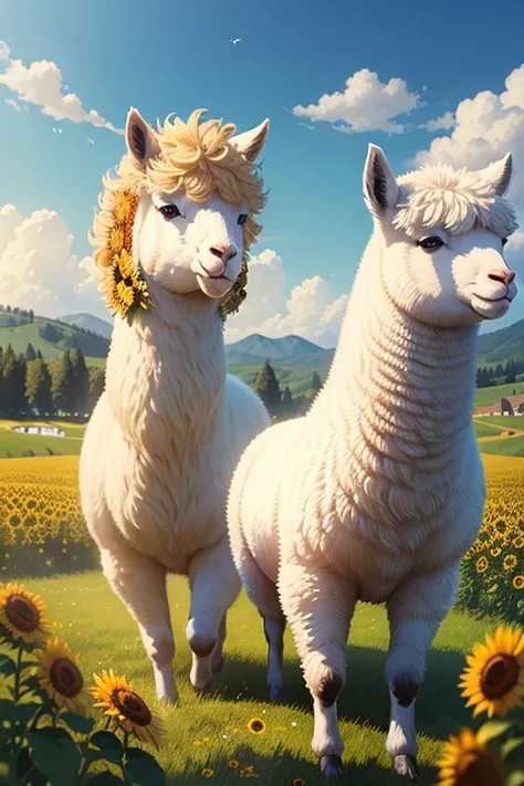 best quality,ultra-detailed,realistic,artistic rendering,impressionism,soft and fluffy fur,natural landscape,pastoral scene,peaceful atmosphere,vibrant colors,sunlit meadow,French countryside,sunflowers,rolling hills,golden sunlight,relaxed alpaca,curious ...