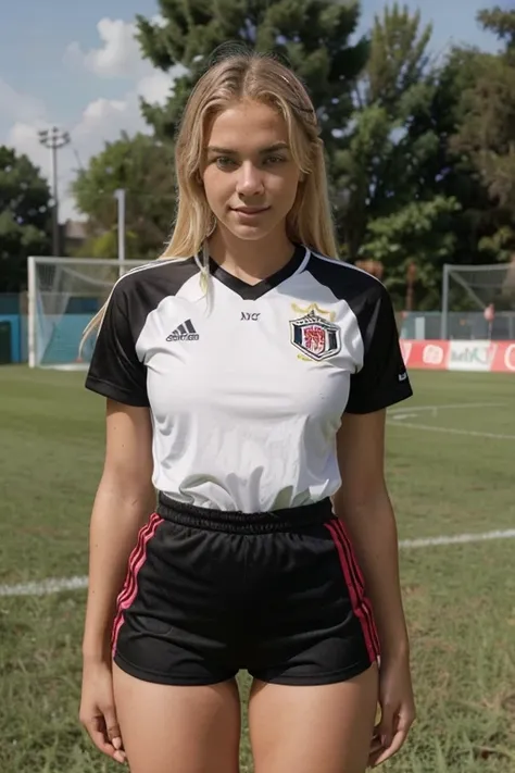 Young 18 year old blonde black girls with perfect measurements wearing sexy soccer refei uniforms, ombligo al aire