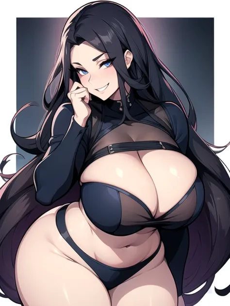 A busty, voluptuous, sexy widow with a mysterious aura who looks at you with a grin as if she&#39;s appraising you
