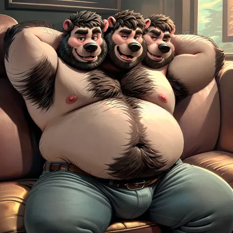 solo, four headed skunk, skunk tail, (identical:1.3), (overweight, obese, fat, belly, chubby, adult, 50 year old male:1.3, (stylized 3d:1.1, by disney:1.2, by rembrandt, by dramamine), pixar:1.1, (black fur, white belly fur, white chest fur, beard), messy ...