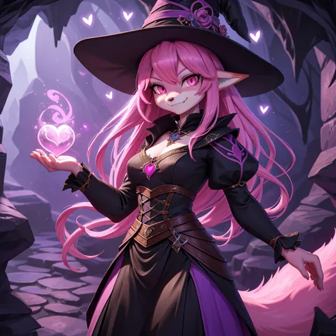 zoomed out image, fantasy character, high quality, 3d illustrated fantasy style, a pink haired female anthropomorphic fox, shapely, skinny body, bright pink eyes, wearing a black and purple witchs hat and dress, mischievous look, evil smile, inside a dark ...