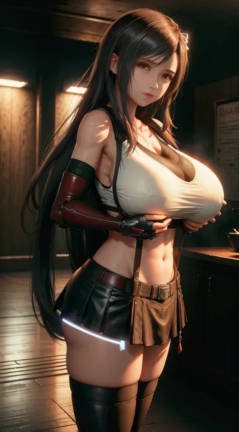 Tifa lockhart, tifa_lockhart,  ff7, sultry face, (white tank top:1.4), black latex miniskirt, (very long black hair:1.3), hair bangs (red eyes:1.4) long eyelashes, beautiful red eyes with brightness, surrealism, shadow, stereogram, (photorealistic, realist...