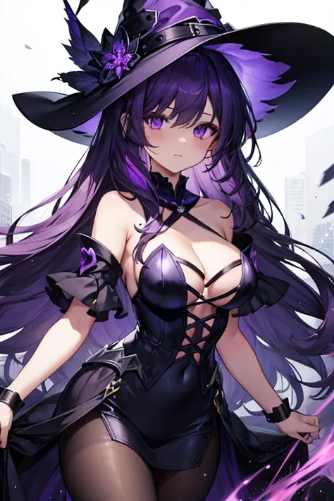 1girl, medium large breasts, purple eyes, dark purple hair, shoulder length hair, glowing eyes, witch costume
