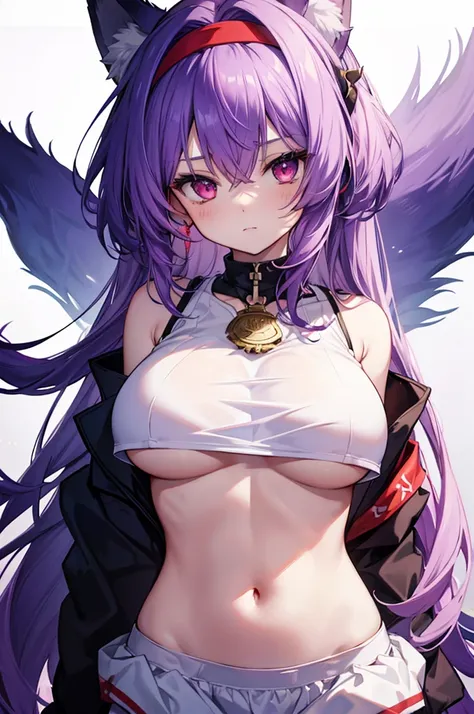 Fox Girl, Large Breasts, Purple Hair, masterpiece , Red eyes, hd, Head to Chest, buried in my chest、Underboob、Tank top、headband on head