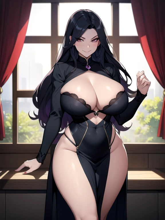 A busty, voluptuous, sexy widow with a mysterious aura who seduces you with a sly smile and malicious intent.
