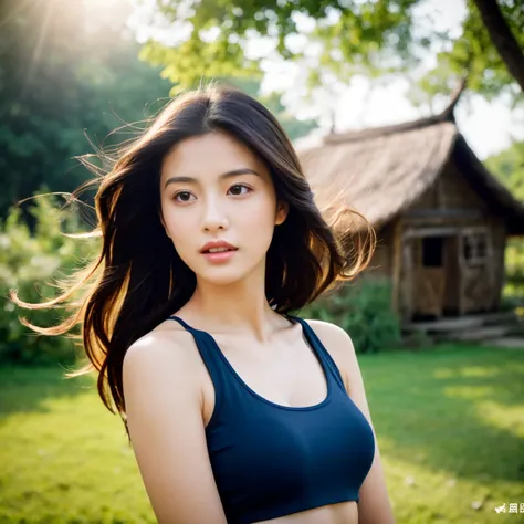 Young Asian woman, 25 years old,Wear a tight pink tank top. And many colors include black, and many colors include black, red, white, and blue., Long hair blows up in the wind., Looking straight ahead, Action with various seductive poses, perfect body,)) S...