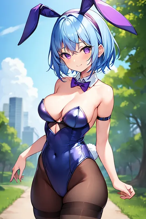 1girl, (petite), ((petite)), large breasts, thick thighs, wide hips, purple eyes, very short hair, smile, happy, light blue hair, sky blue hair, bunnysuit, black leotard, leotard, red bowtie, bowtie, pantyhose, black oantyhose, bunny ears, rabbit ears, ani...