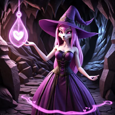 zoomed out image, fantasy character, high quality, 3d illustrated fantasy style, a pink haired female anthropomorphic fox, shapely, skinny body, bright pink eyes, wearing a black and purple witchs hat and dress, mischievous look, evil smile, inside a dark ...