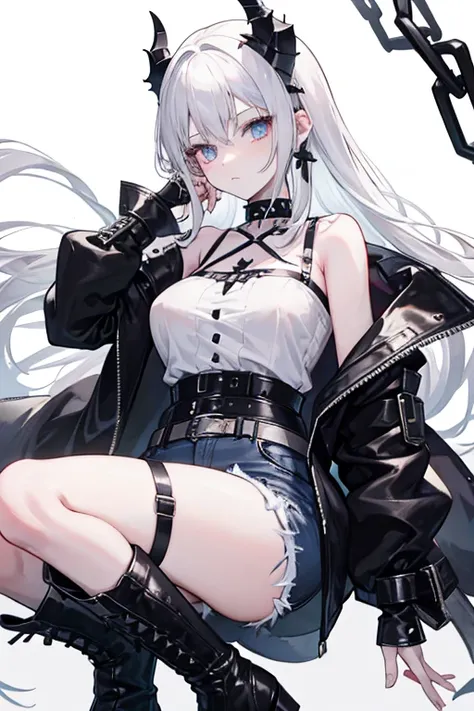 generate me an image of a white-haired demon girl wearing gothic clothes and platform boots, em estilo anime, make her have gray skin, Furthermore I want her to wear denim shorts with a leather belt and chains attached to it. I also want her to wear a spik...