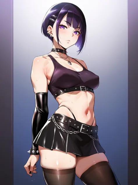 source_anime, rating_explicit, score_9, score_8_up, score_7_up, black_hair, goth, gothic, short_hair, looking at viewer, crop top, skirt, thighhighs, black clotges, goth girl, ikuchan, purple eyes, medium breasts 