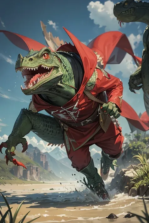 angry lizardman with iguana head dressed in tattered red hooded cloak, running, attacking, proportional, marshlands