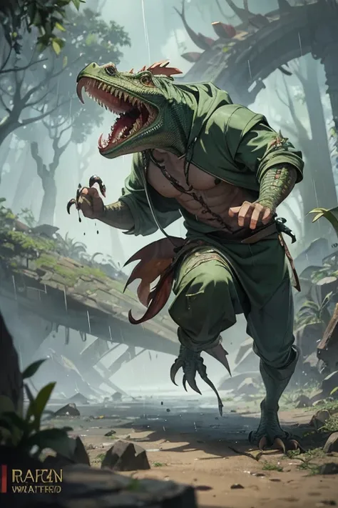 angry lizardman with iguana head dressed in tattered brown hooded cloak, running, attacking, proportional, rain forest