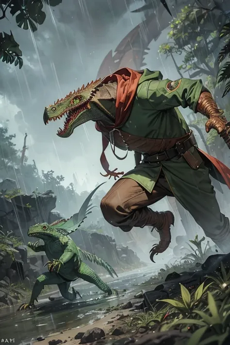 angry lizardman with iguana head dressed in tattered brown hooded cloak, running, attacking, proportional, rain forest