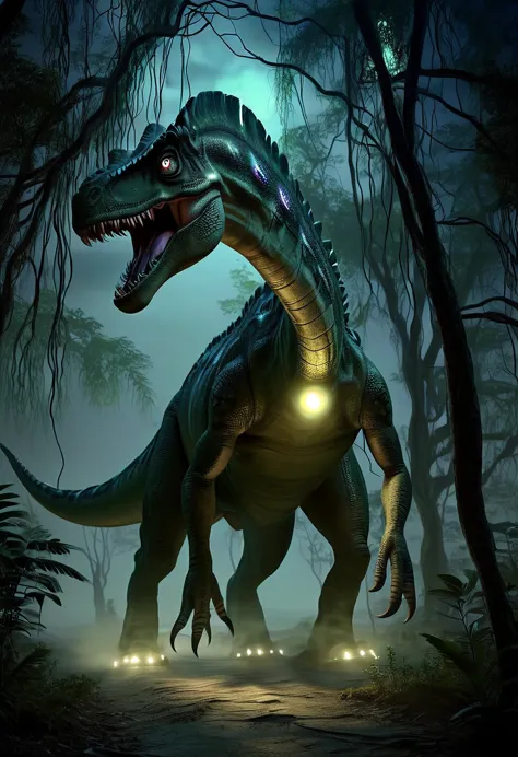 large creature like herbivorous peaceful dinosaur with, criatura con cuerpo transparente e iluminado., walking on all seis patas...