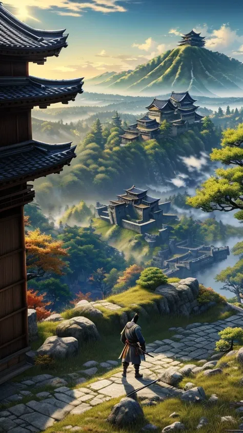 Masterpiece, best quality, (very detailed CG unit 8k wallpaper) (best quality), (best illustration), (best shadows) (male), sekiro on top of a cliff, looking at Ashina castle, feudal Japan, Ray tracing, sinister environment, ultra detailed, , impressionism...