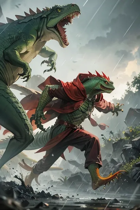 angry lizardman with iguana head dressed in tattered red hooded cloak, running, attacking, proportional, rain forest
