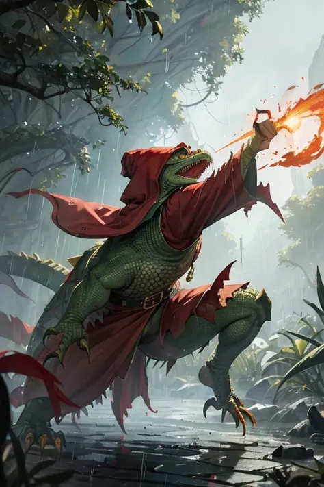 angry lizardman with iguana head dressed in tattered red hooded cloak, running, attacking, proportional, rain forest
