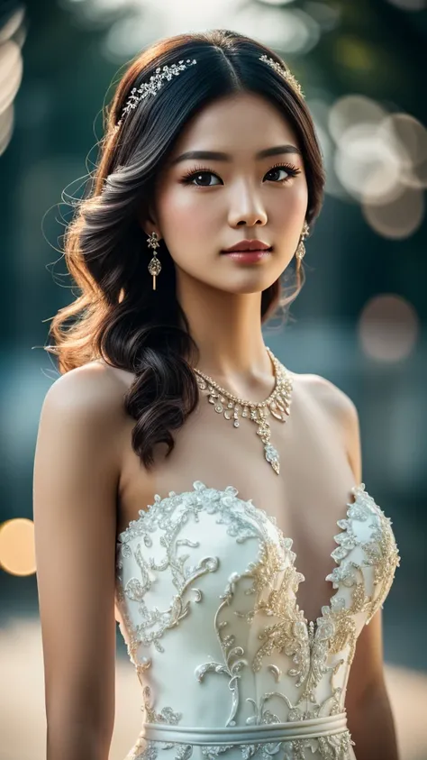 best quality, masterpiece, highres, 1girl,china wedding  dress,hair ornament,necklace, jewelry,Beautiful face,upon_body, tyndall effect,photorealistic, dark studio, rim lighting, two tone lighting,(high detailed skin:1.2), 8k uhd, dslr, soft lighting, high...