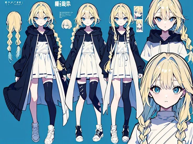 Character Sheet、whole body、girl、Blonde hair with light blue tips,Braiding,Blue eyes,Black hoodie,White Background、Simple Background