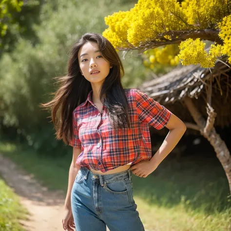 Best picture quality, Masterpiece, Ultra high resolution 8K, photograph, Asian girl wears old, ripped jeans short on her penis.; Wearing a red and blue plaid shirt. Wears a red, blue, pink plaid shirt. His stomach is strong and beautiful.;) Long hair blows...