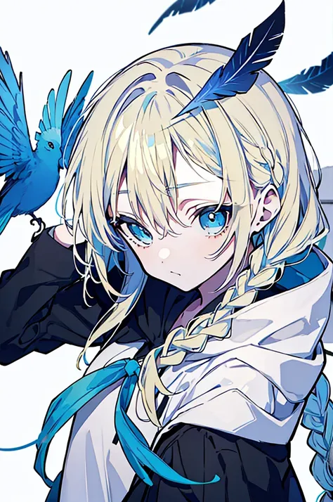 girl、Blonde hair with light blue tips,Braid,Blue eyes,Black hoodie,black feather、Blue feathers、White Background、Simple Background