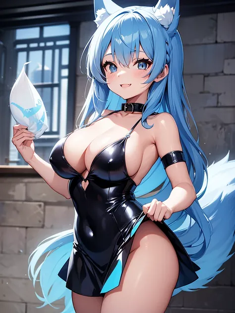 Happy woman, with wolf ears and blue hair, holding her cheeks, wolf tail, wearing a latex dress, looking at veiwer, full body, you can see her chest, naked breasts