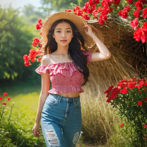 Best picture quality, Masterpiece, Ultra high resolution 8K, photograph, Asian girl wearing old, ripped, short jeans., Wears a short-sleeved shirt with a red, blue, and pink plaid pattern. The abdomen is strong and beautiful.;) Long hair blows up in the wi...