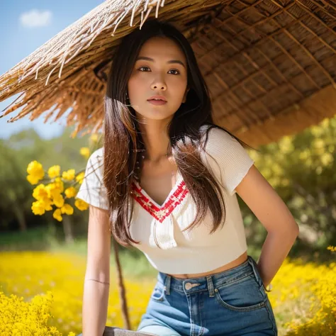 Best picture quality, Masterpiece, Ultra high resolution 8K, photograph, Asian girl wearing old, ripped, short jeans., Wears a short-sleeved shirt with a red, blue, and pink plaid pattern. The abdomen is strong and beautiful.;) Long hair blows up in the wi...