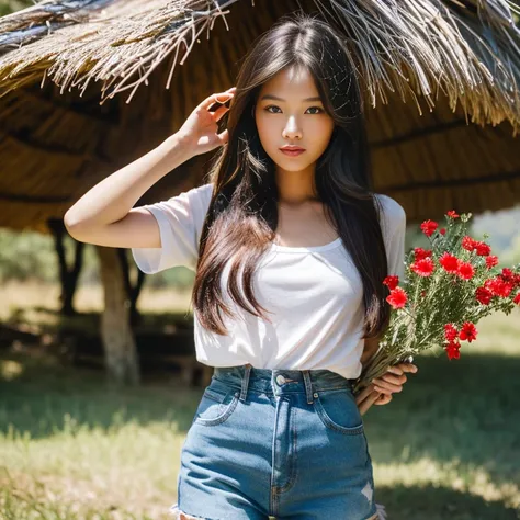 Best picture quality, Masterpiece, Ultra high resolution 8K, photograph, Asian girl wearing old, ripped, short jeans., Wears a short-sleeved shirt with a red and blue plaid pattern. Strong and beautiful.;) Long hair blows up in the wind.,) Look straight at...