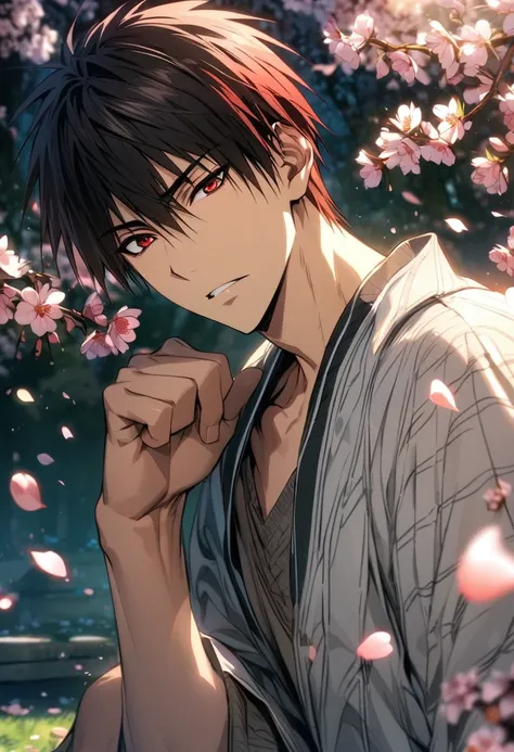 absurdres, highres, ultra detailed, HDR, masterpiece, extremely detailed face and eyes, Kagami Taiga, red short hair with black bangs, expressive red eyes, Kuroko No Basket, 1man, handsome, spring, blossoms, petals, birds