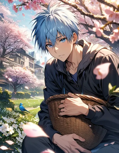 absurdres, highres, ultra detailed, HDR, masterpiece, extremely detailed face and eyes, Kuroko Tetsuya, light-blue hair, expressive blue eyes, Kuroko No Basket, 1man, handsome, spring, blossoms, petals, birds