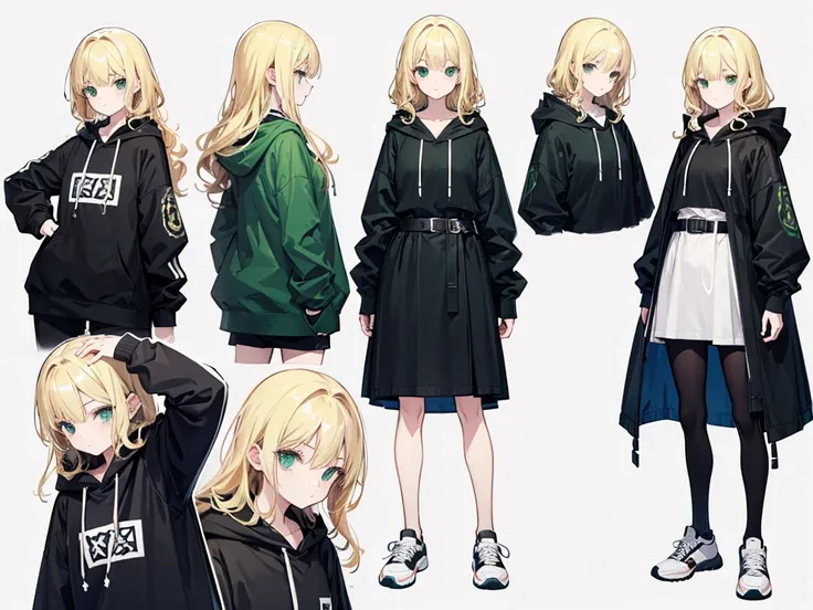 Character Sheet、whole body、girl、Blonde、Green Eyes、Wavy Hair、Black hoodie、belt、sneakers、White Background、Simple Background