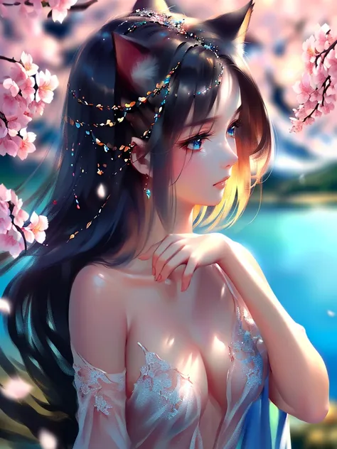 anime style, super fine illustration, highly detailed, dynamic angle, beautiful detailed, 8k, A girl is impressed by the cherry blossoms in Fuji-Hakone Izu National Park and the blue sky by the lakeside with Mt. Cherry blossom petals are dancing in the win...