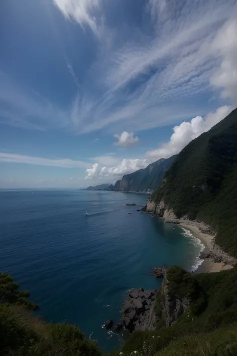 From the hill you can see the beach and mountains, mountains and ocean, Taiwan, beach is between the two valleys, Sea view, coastline, Dramatic Landscape, Sea view悬崖, Inspired by Masamitsu Ōta, ocean in background, Stunning scenery, A photo of the ocean, m...