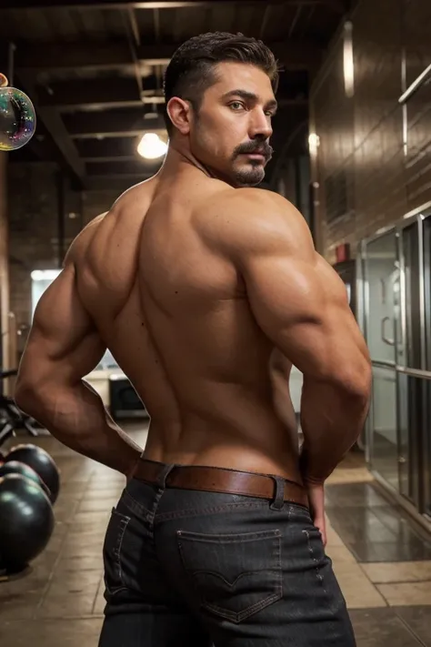 an incredibly handsome and attractive young man with big muscles, con bigote corto, mustache, Big muscular body , 40 years old with short dark blonde hair and light brown eyes., cuerpo completo, muy nalgon, angular jaw, Alto y muscular, vaqueros & Botas. B...