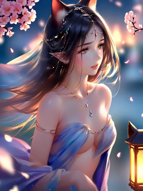 anime style, super fine illustration, highly detailed, dynamic angle, beautiful detailed, 8k, On a spring night, the cherry trees illuminated by the city lights are quietly shining. BREAK A woman stands still, captivated by the beautiful scene, watching th...