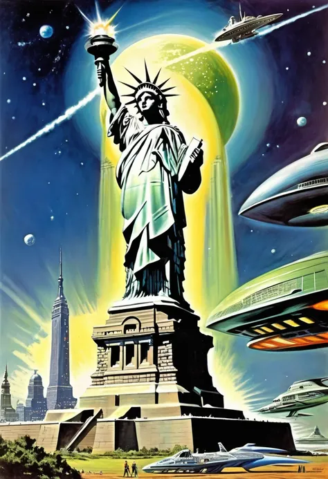 There is a painting of the Statue of Liberty with a spaceship in the background., Frank Kelly Freese, Don Arday, Kelly Freese, Depicted as a sci-fi scene, 70&#39;s retro sci-fi art, vintage sci-fi art, 70s science fiction art, Retroscience - FI Images, ter...