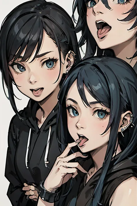 (highest quality、8k、super detailed)、emo girl、((open your mouth and stick out your tongue、tongue piercing))、lots of ear piercings...