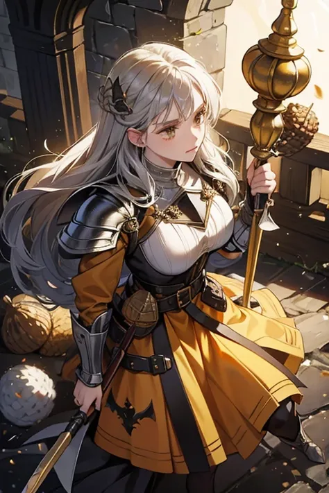 She wears silver, orange, and yellow medieval armor with an acorn on the chest and a rope belt. The Dark Knight also carries around a weapon known as a flail. SPARKLE; GLITTER