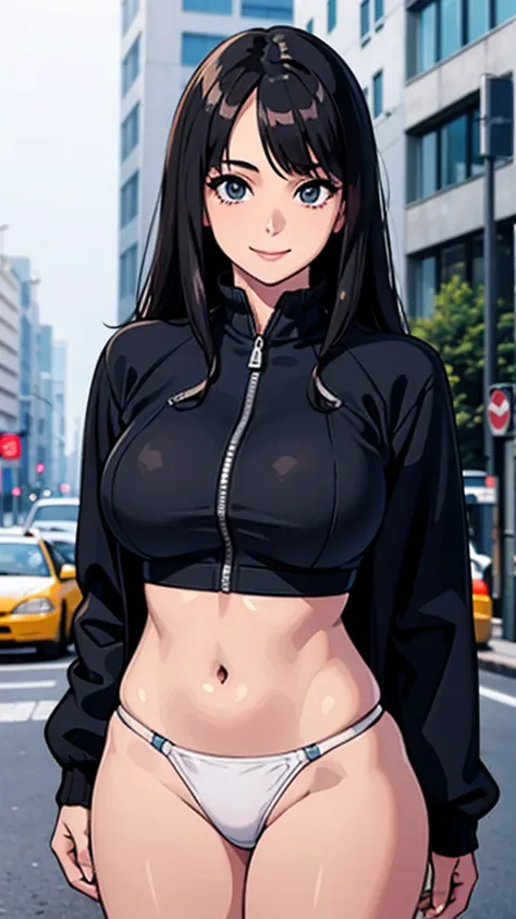 best quality, Ultra-high resolution, (Realistic:1.4), 1 girl, Loose Oversized Black Jacket, White Sports Bra, (Thong:1.2), (Large Breasts:1.2), L looks at the audience, Smile, Foote Body, street, Urban, cosmetic, Wide Angle，