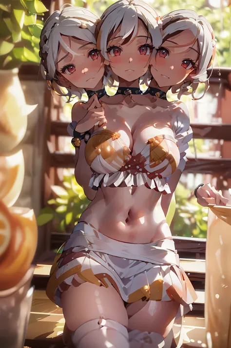 (masterpiece, best quality), best quality, best resolution, (ultra-detailed), (3heads:1.5), 1girl, (goutokuji mike1.3), masterpiece, best quality, ultra quality, ultra resolution, ultra detail, white top, crop top, ((stomach)), midriff, ((groin)), white sk...